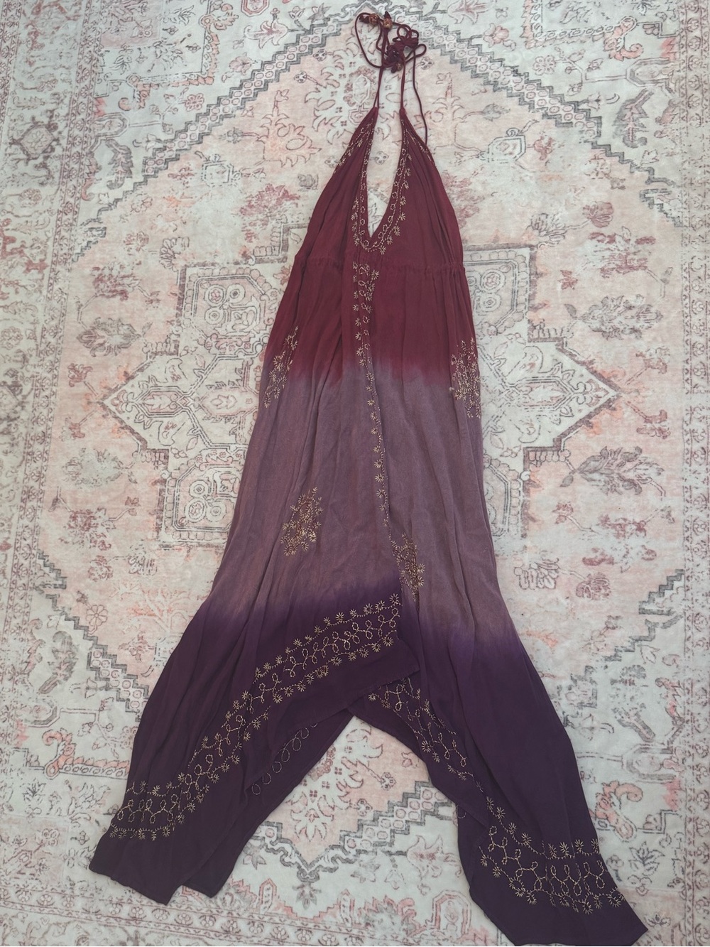 Boho Halter Tie-Dye Maxi Jumpsuit in Burgundy to Plum